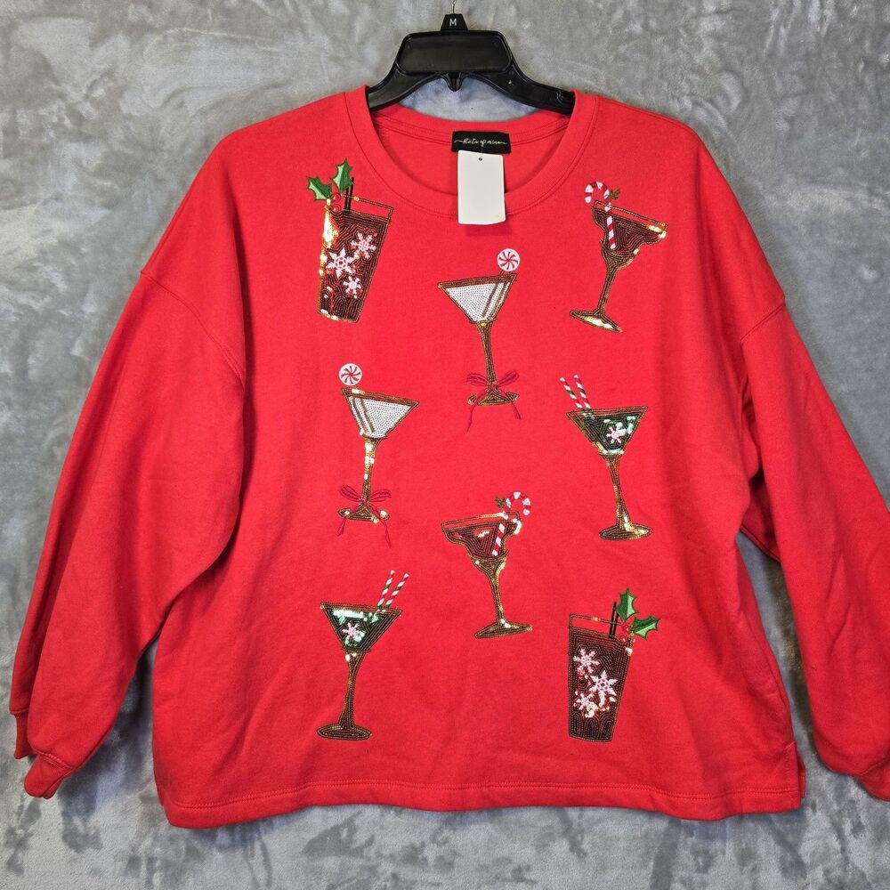 NWOT State Of Mine Christmas Wine Glasses Cocktails Sweatshirt Red XL Sequins